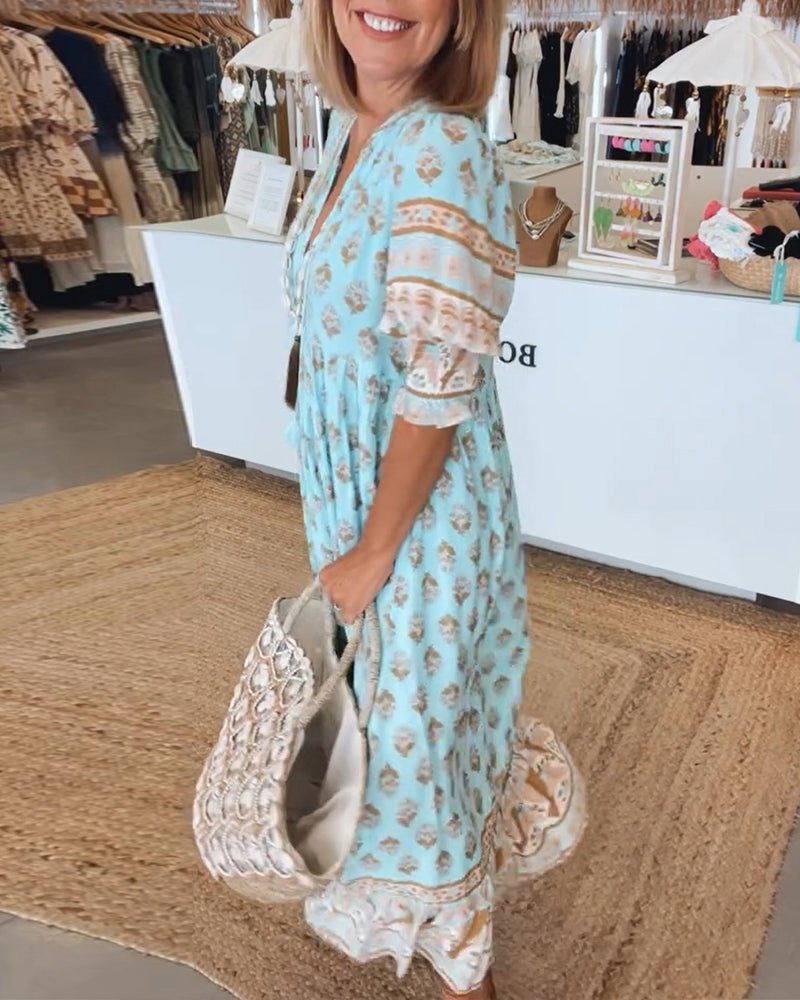 Rochelle |  Printed V-Neck Half-Sleeve Dress