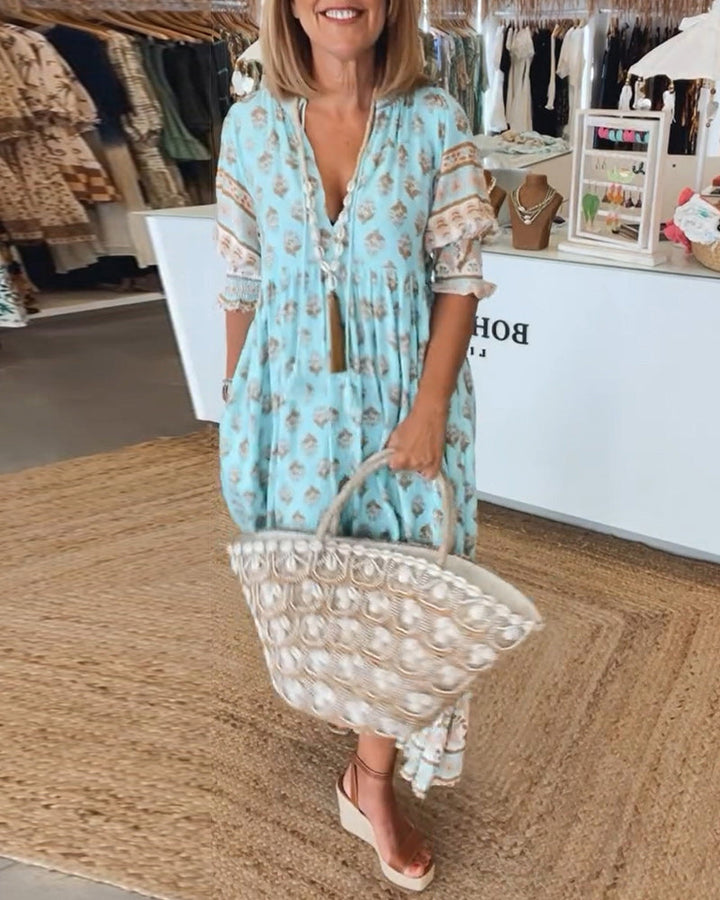 Rochelle |  Printed V-Neck Half-Sleeve Dress