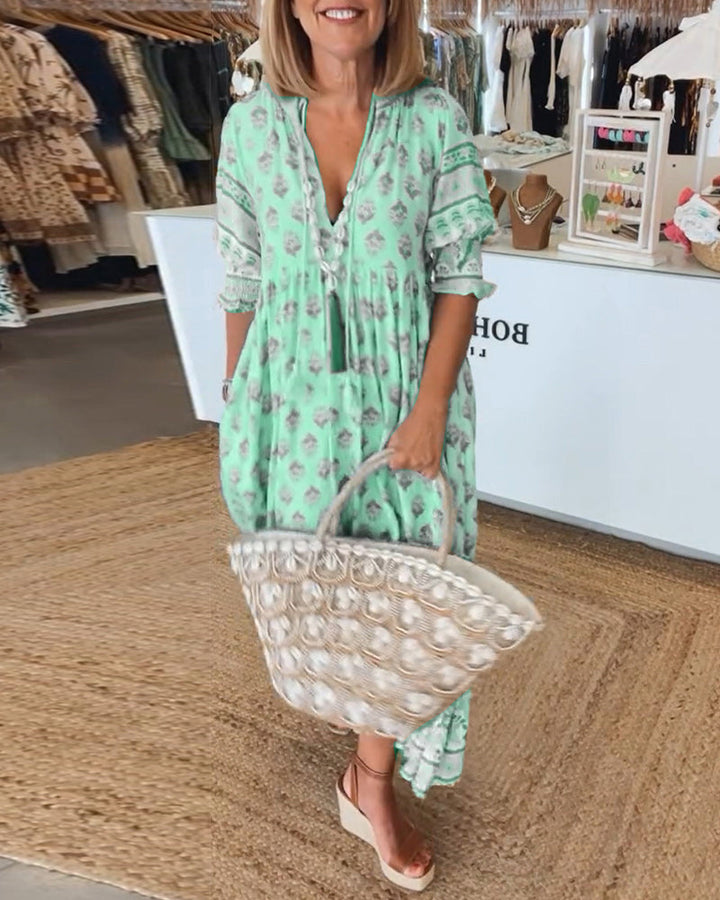 Rochelle |  Printed V-Neck Half-Sleeve Dress