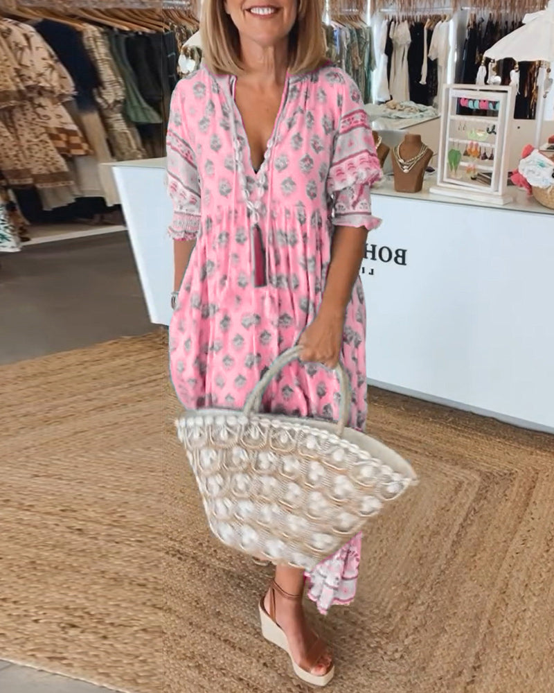 Rochelle |  Printed V-Neck Half-Sleeve Dress