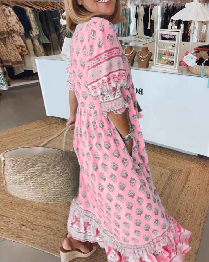 Rochelle |  Printed V-Neck Half-Sleeve Dress