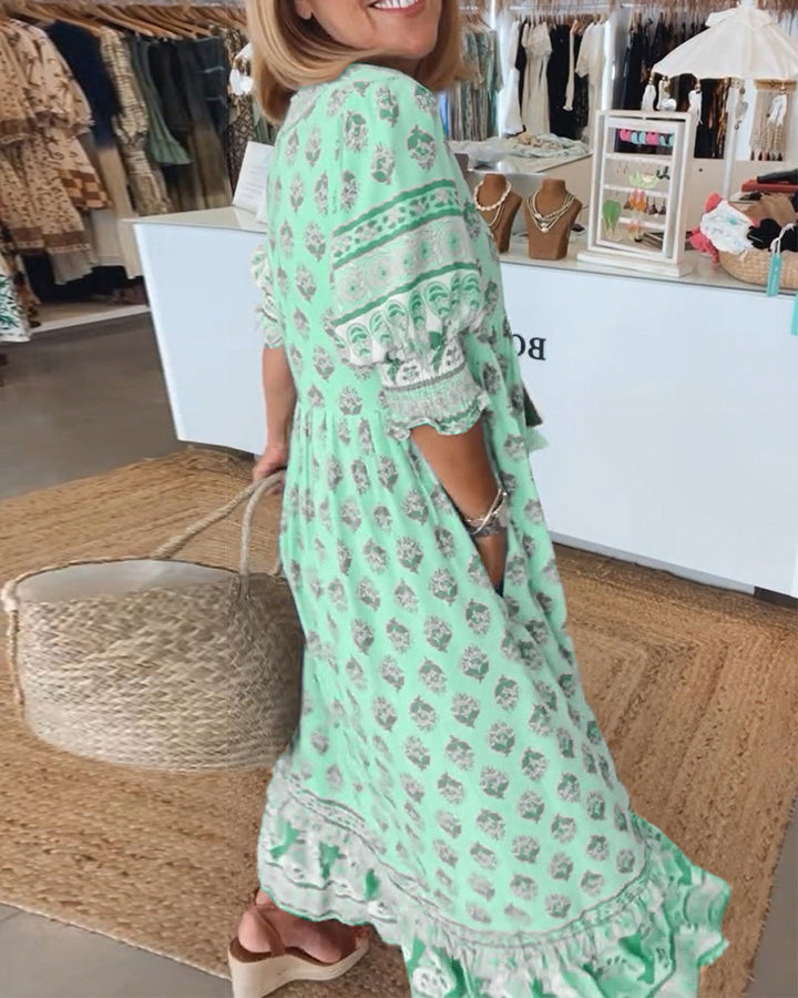 Rochelle |  Printed V-Neck Half-Sleeve Dress