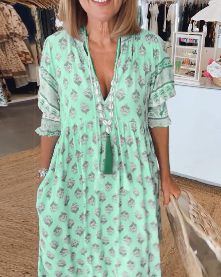 Rochelle |  Printed V-Neck Half-Sleeve Dress