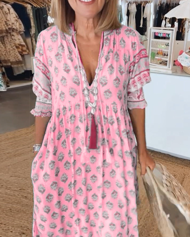 Rochelle |  Printed V-Neck Half-Sleeve Dress