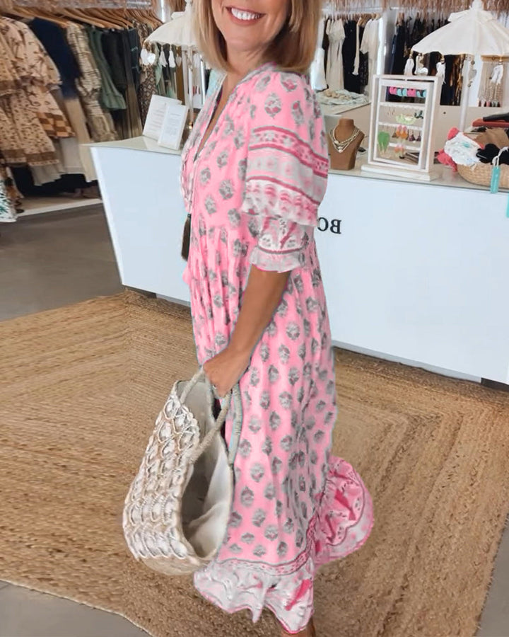 Rochelle |  Printed V-Neck Half-Sleeve Dress