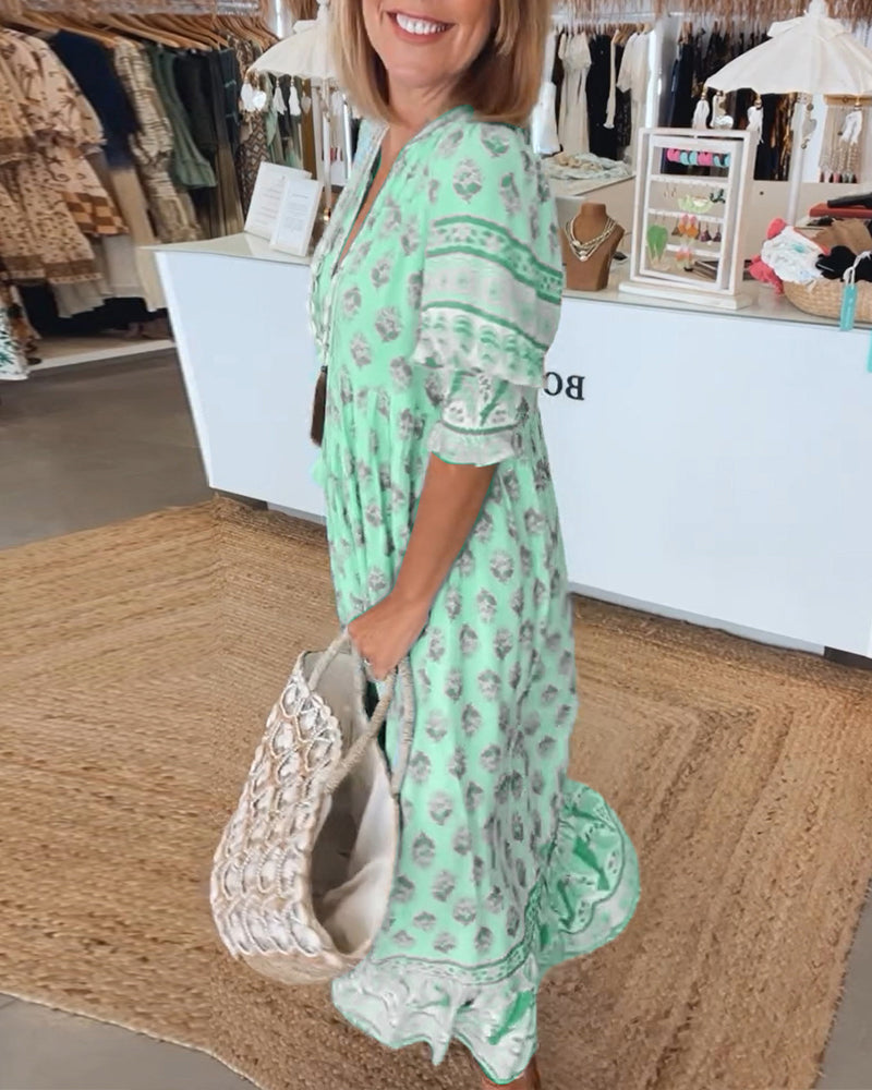 Rochelle |  Printed V-Neck Half-Sleeve Dress