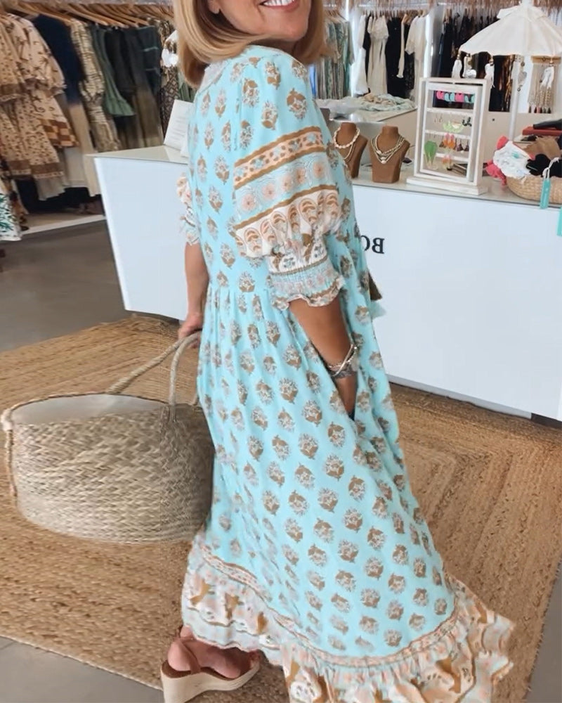 Rochelle |  Printed V-Neck Half-Sleeve Dress