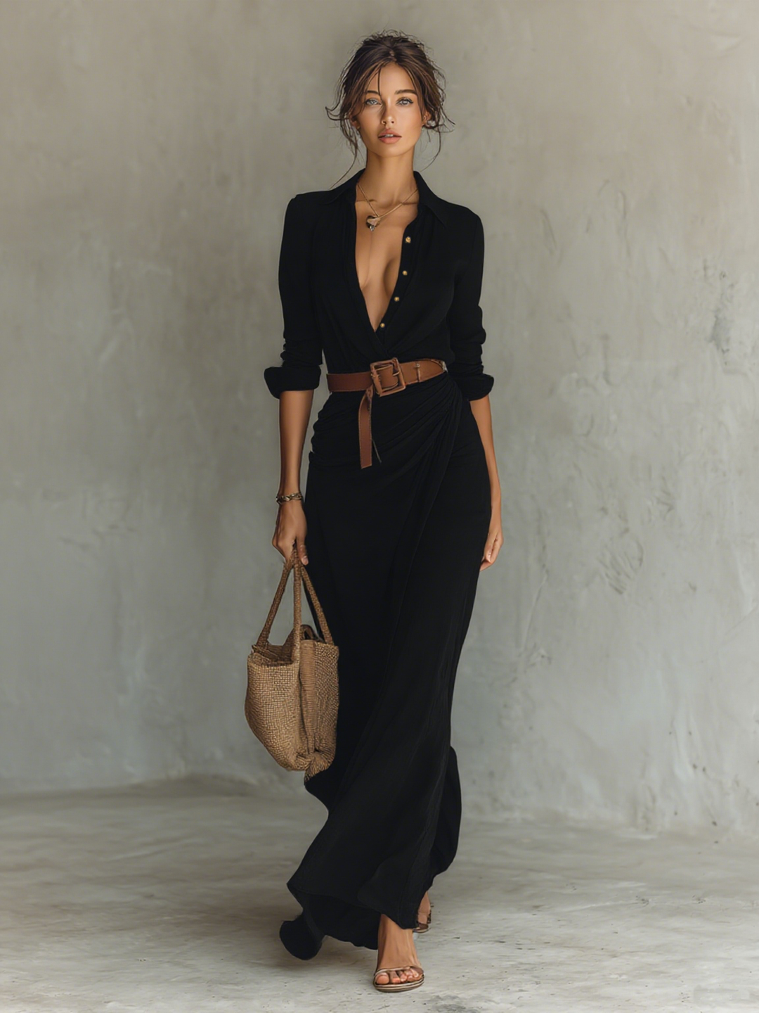 Matilda – Long Maxi Dress with Lapel Collar and Belt