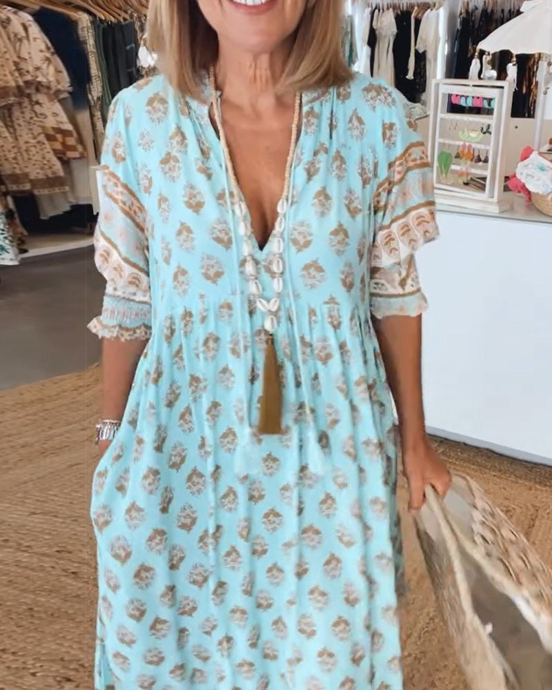 Rochelle |  Printed V-Neck Half-Sleeve Dress