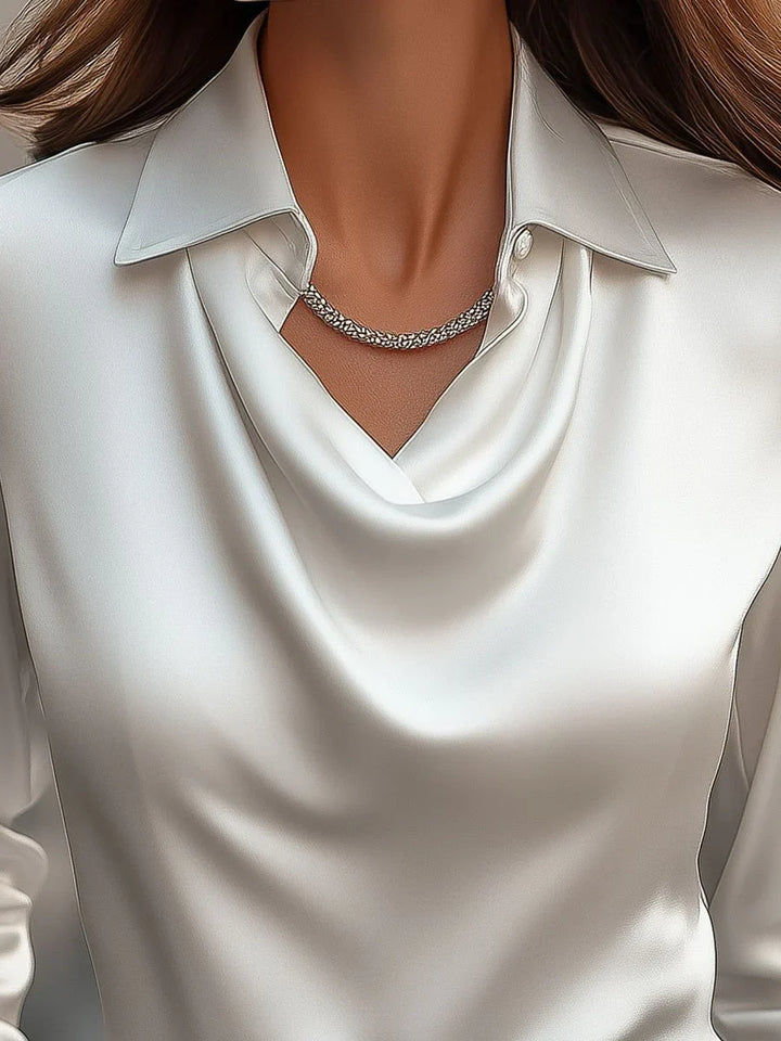 Vanex™ | Elegant White Satin Blouse With Draped Neckline