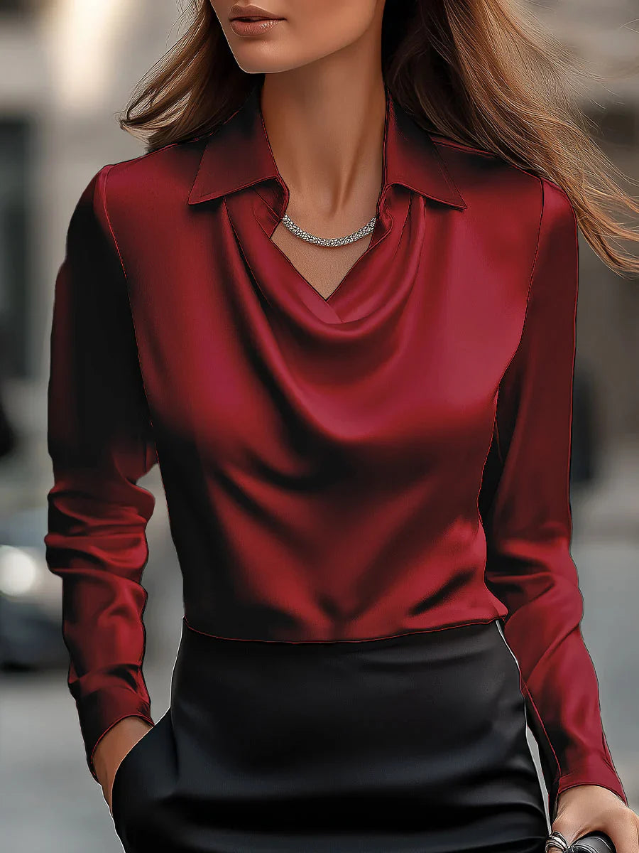 Vanex™ | Elegant White Satin Blouse With Draped Neckline