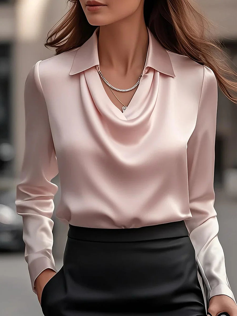 Vanex™ | Elegant White Satin Blouse With Draped Neckline