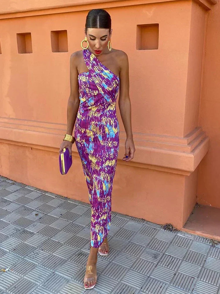 Irmgardi - Colorful Asymmetric Neckline Dress