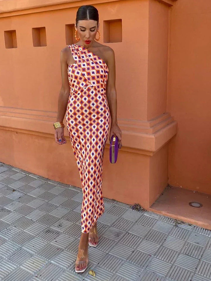 Irmgardi - Colorful Asymmetric Neckline Dress