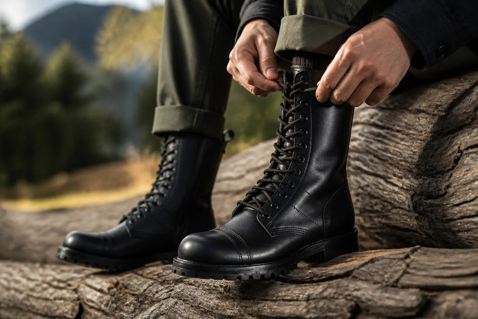 Man lacing up black leather combat boots while sitting on a log outdoors.