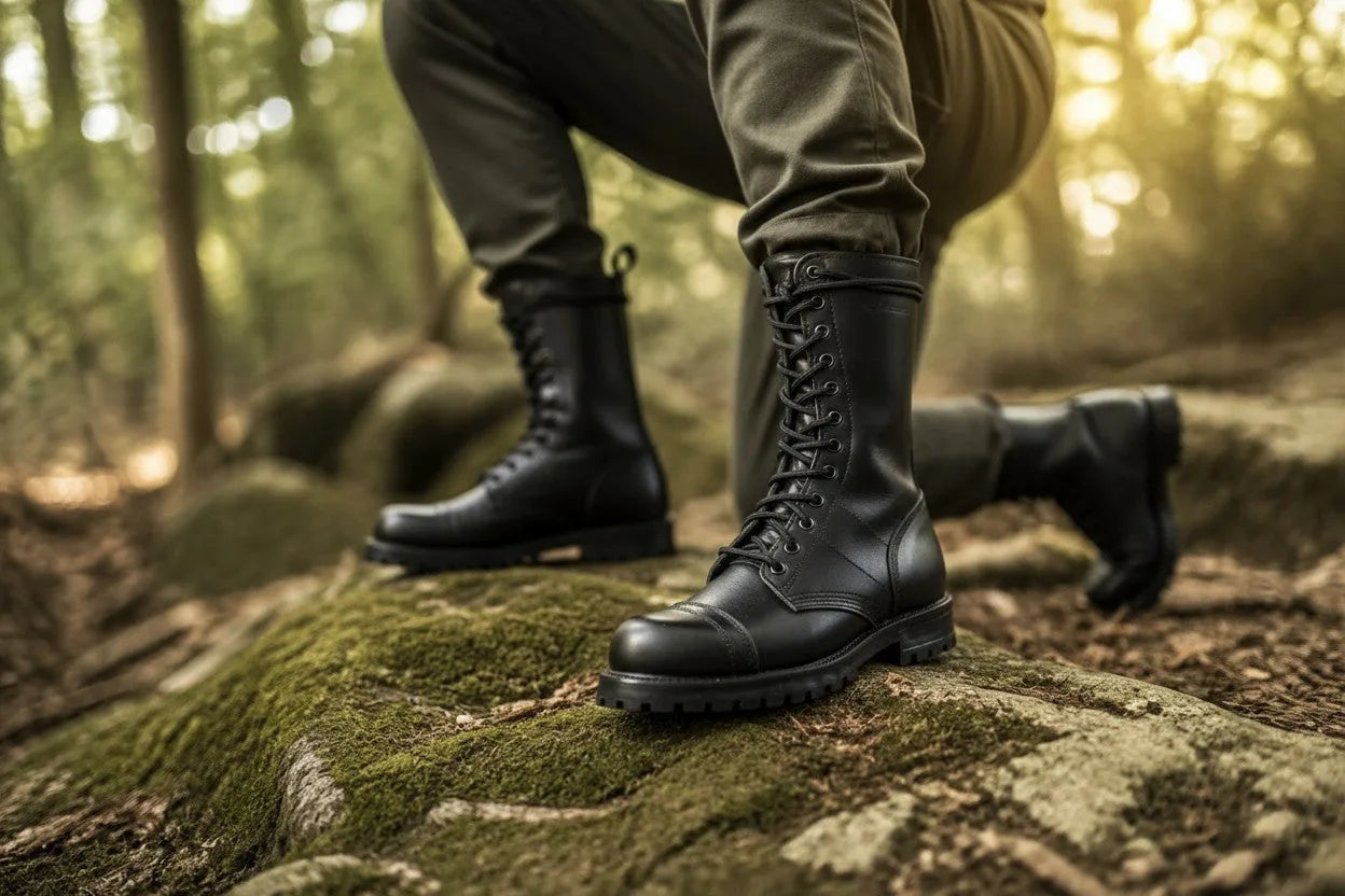 Close-up of black leather combat boots stepping on a moss-covered rock in the forest.