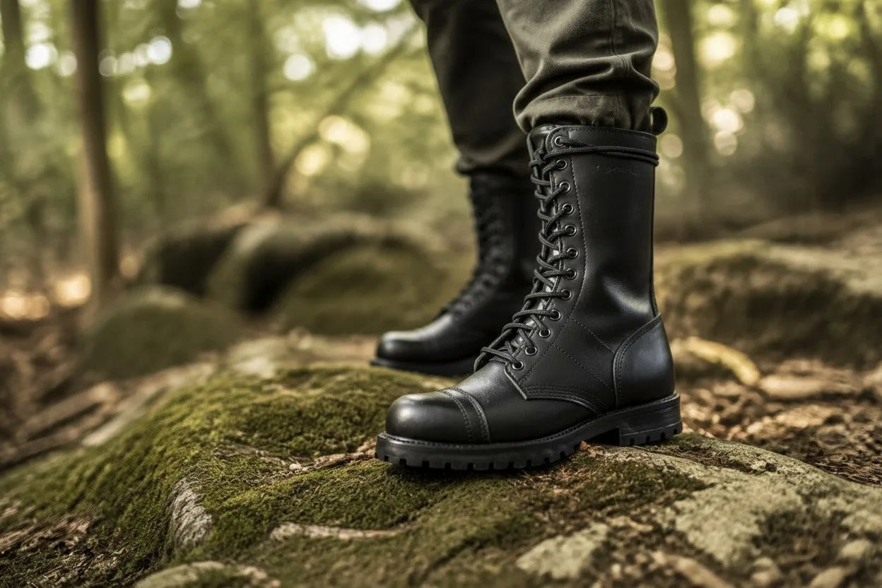 Man standing on a forest rock wearing tall black leather lace-up combat boots.