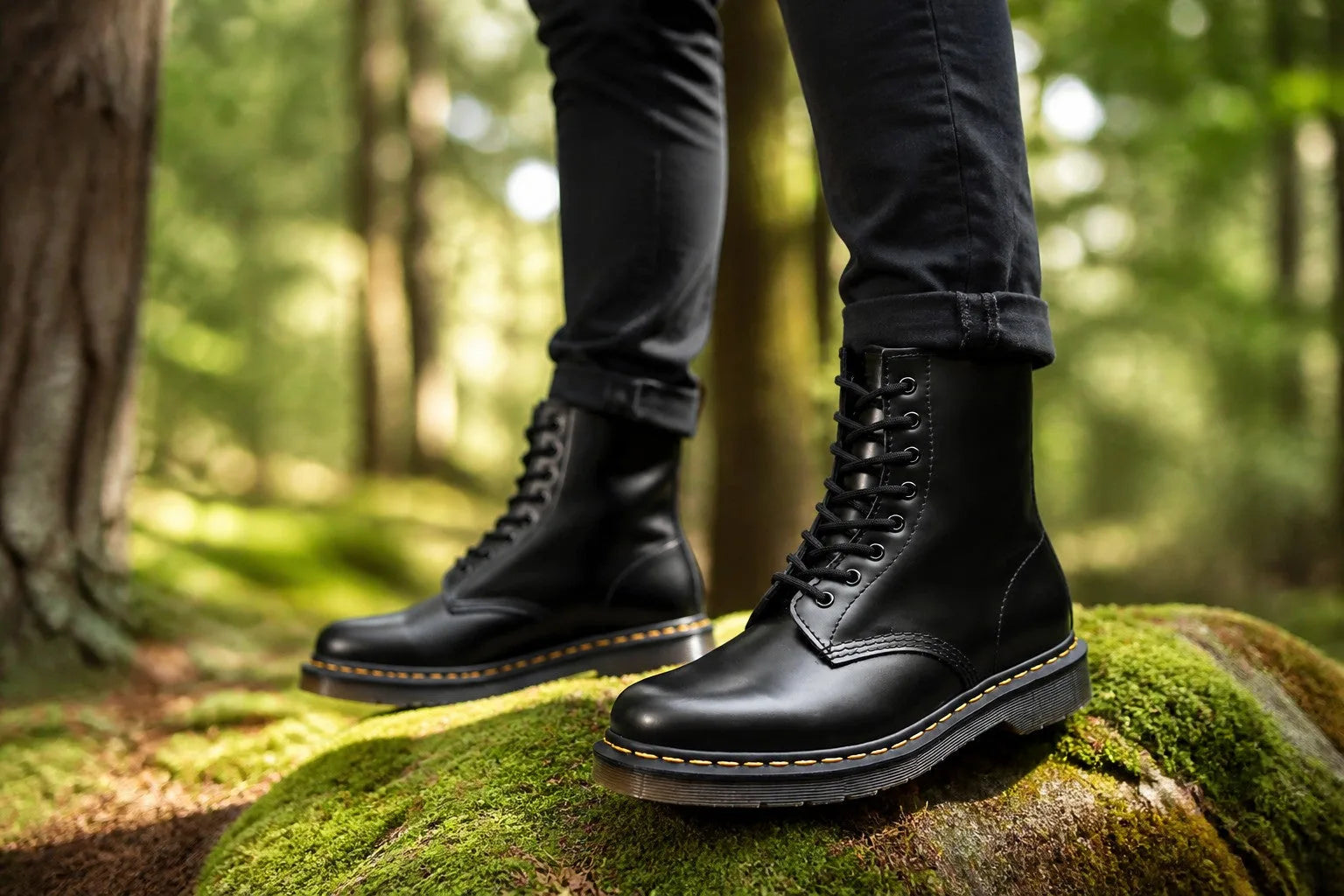 Close-up of black leather boots worn with cuffed black jeans while standing on mossy rock outdoors