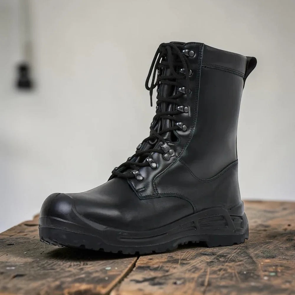 Side view of a tall black leather combat boot with lace-up front, standing on a rustic wooden table.