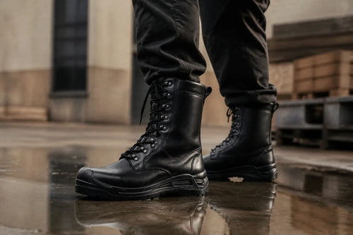 Close-up of a person wearing black leather combat boots on wet pavement, cargo pants tucked over the shaft.