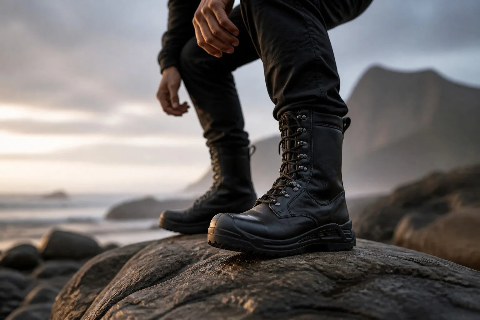 Person crouched on a coastal rock wearing black leather combat boots with visible reinforced sole.