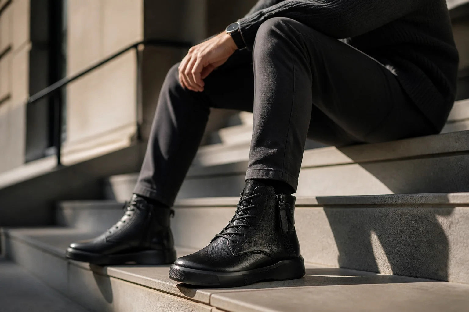 Close-up side view of a man seated on stairs wearing black leather lace-up boots with cuffed trousers
