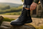 Side profile of a black leather zip boot with visible brand emboss on the zipper pull tab