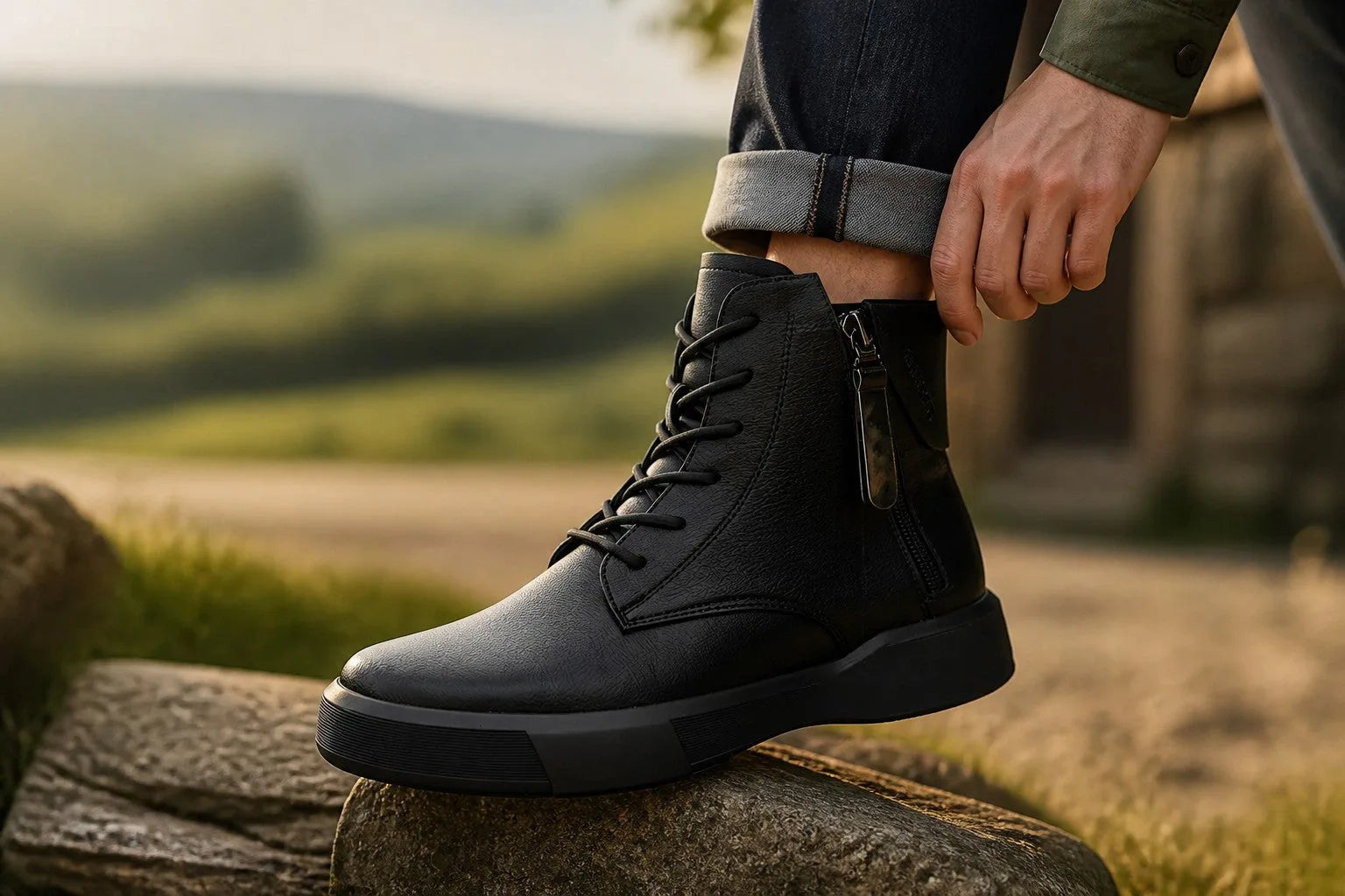 Side profile of a black leather zip boot with visible brand emboss on the zipper pull tab