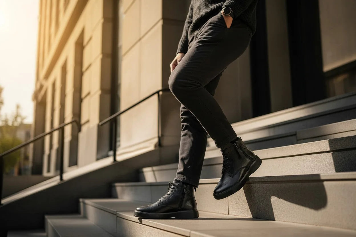 Man descending outdoor stairs wearing black grained leather boots with a chunky black sole