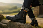 Detailed side view of a black leather ankle boot resting on a stone, showing lacing and zip hardware