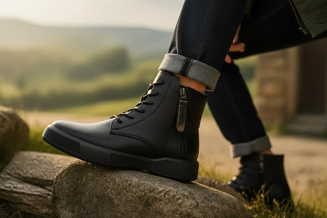Detailed side view of a black leather ankle boot resting on a stone, showing lacing and zip hardware