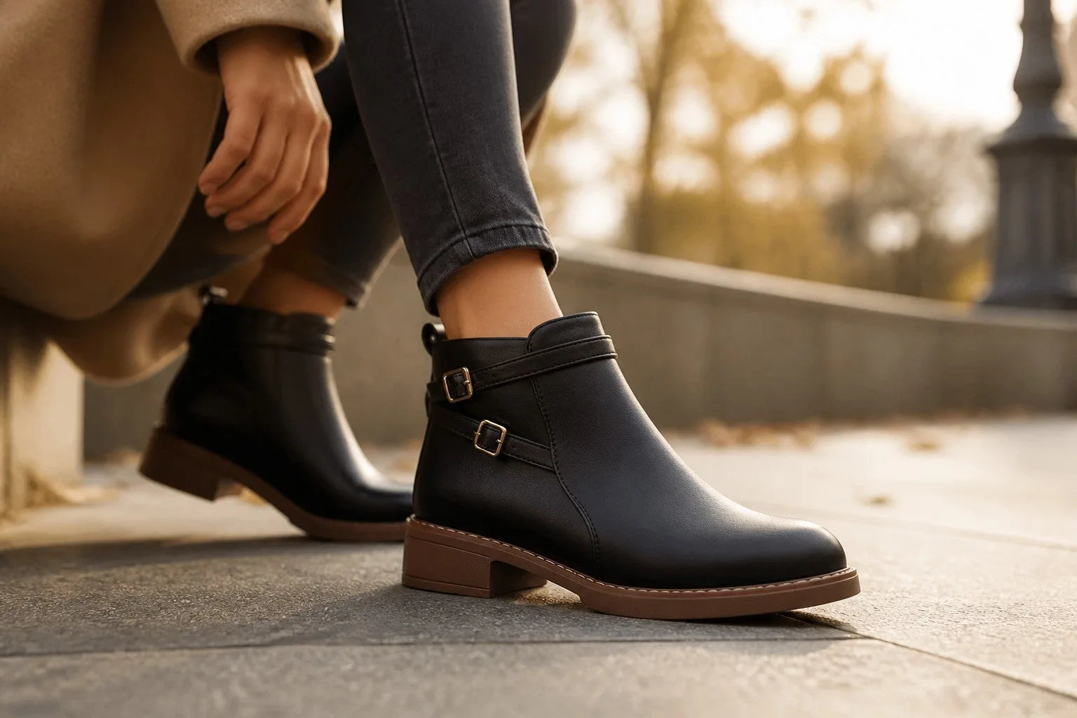 Close-up of a woman wearing black buckle ankle boots with jeans, seated outdoors in golden light