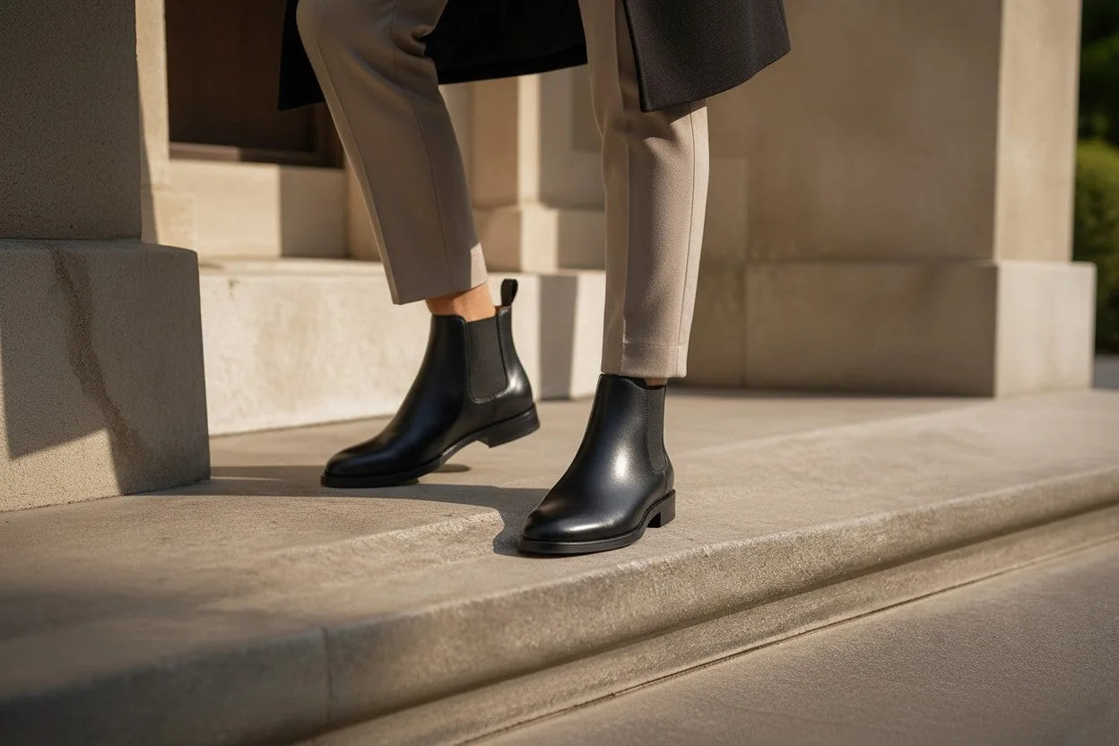 Close-up of a woman's legs wearing black leather Chelsea boots while stepping up stone stairs in tailored trousers