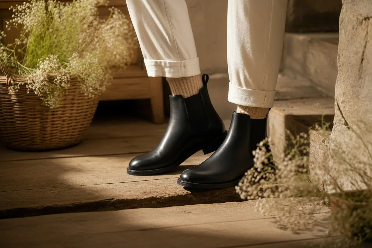 Woman in cream cropped trousers and ribbed socks wearing black leather Chelsea boots on a wooden porch